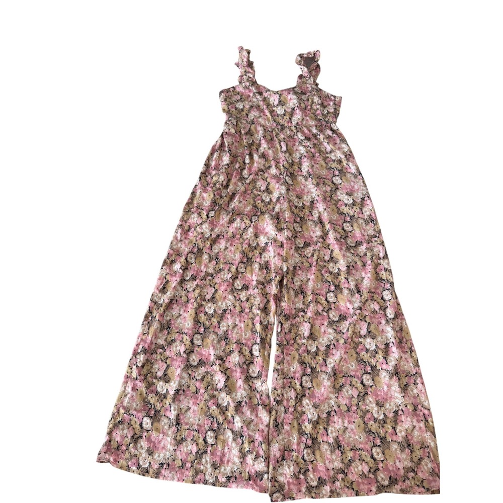 Kori Floral Wide Leg Jumpsuit Womens Medium Pink Ruffle Strap Tie Back B8091C